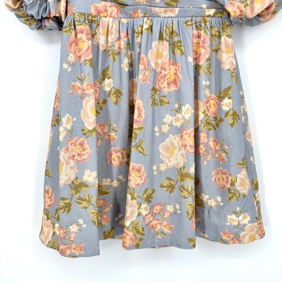 Yumi Kim Gayle Dress Sz XS Blue Pink Linen Blend Floral Puff Sleeve V Neck Midi - Picture 10 of 16